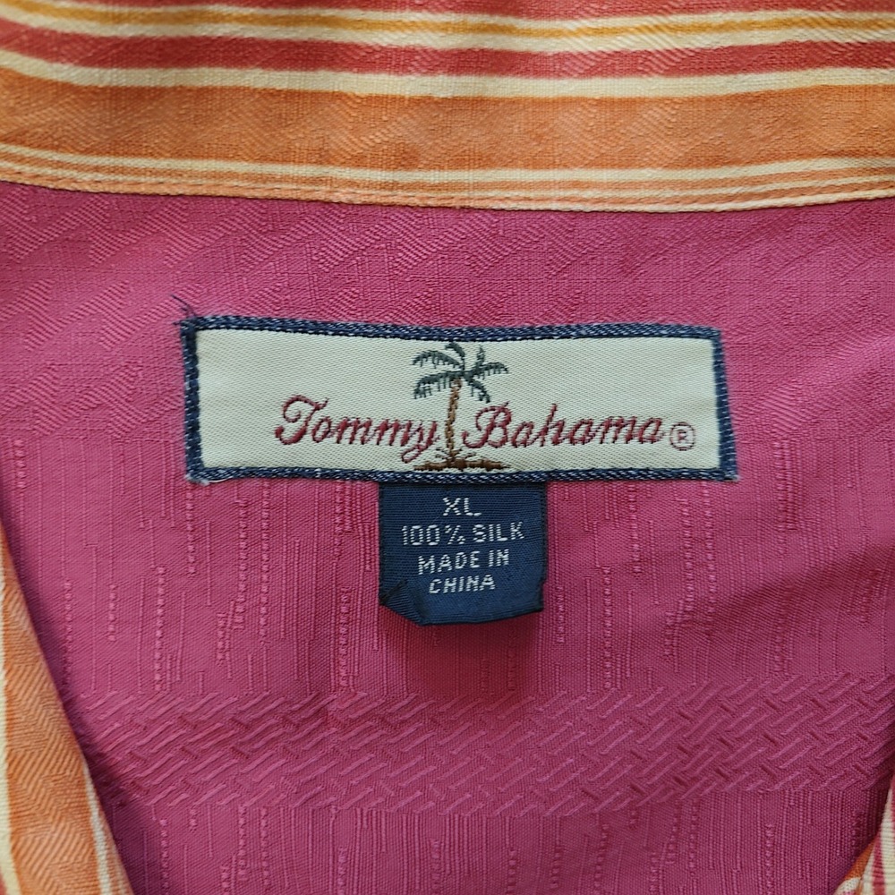 Tommy Bahama Mens XL Silk Camp Shirt Orange Pink Striped Short Sleeve Button Up - Picture 3 of 12